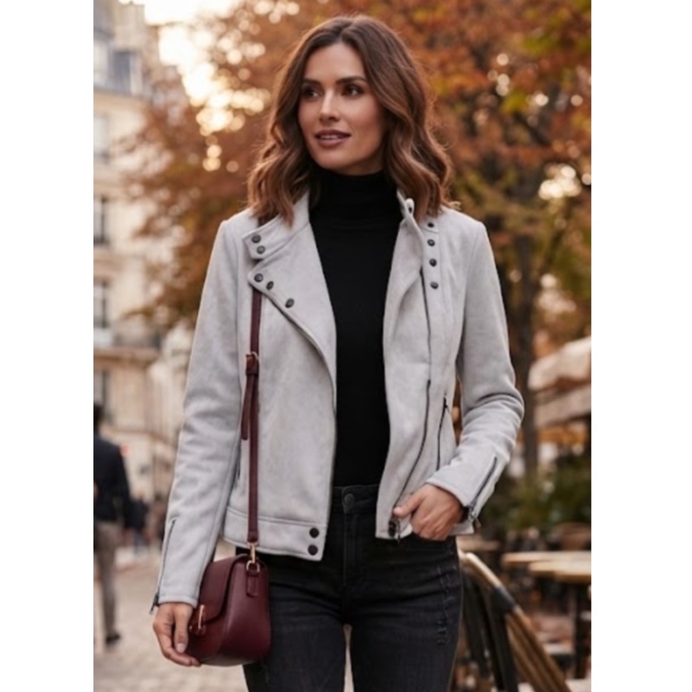 DG2 by Diane Gilman Faux Suede Moto Jacket Silver Gray Medium NWT